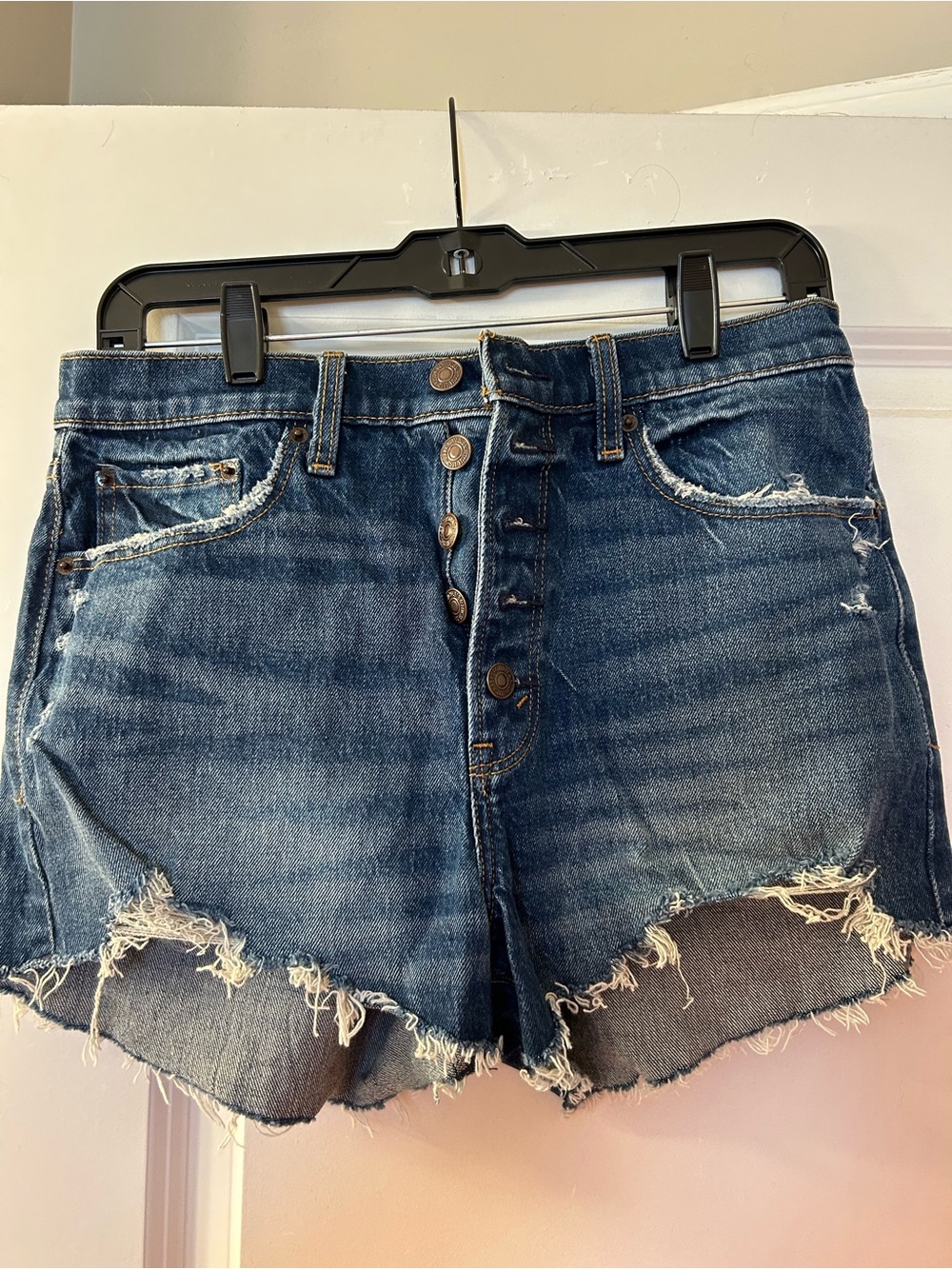 Abercrombie & Fitch High Rise Mom Short Distressed Button-Front Denim Shorts
